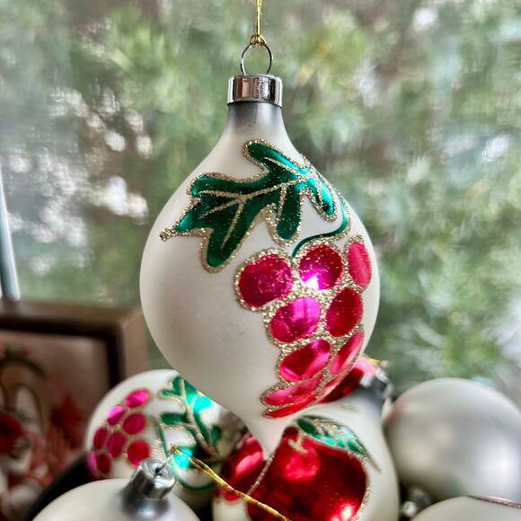 Vintage Blown Glass Ball Ornaments with Glittered Fruit Design - Set of 8 - Picture 5 of 13